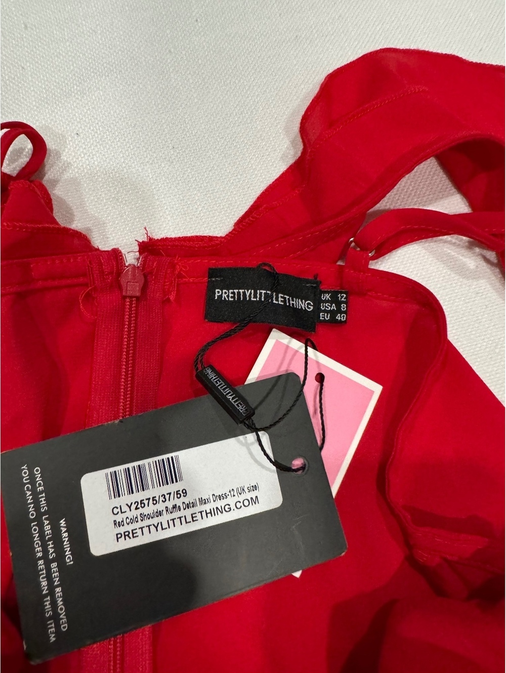 NWT PrettyLittleThing Red Cold Shoulder Ruffle Maxi Dress Size 8 - Picture 6 of 9